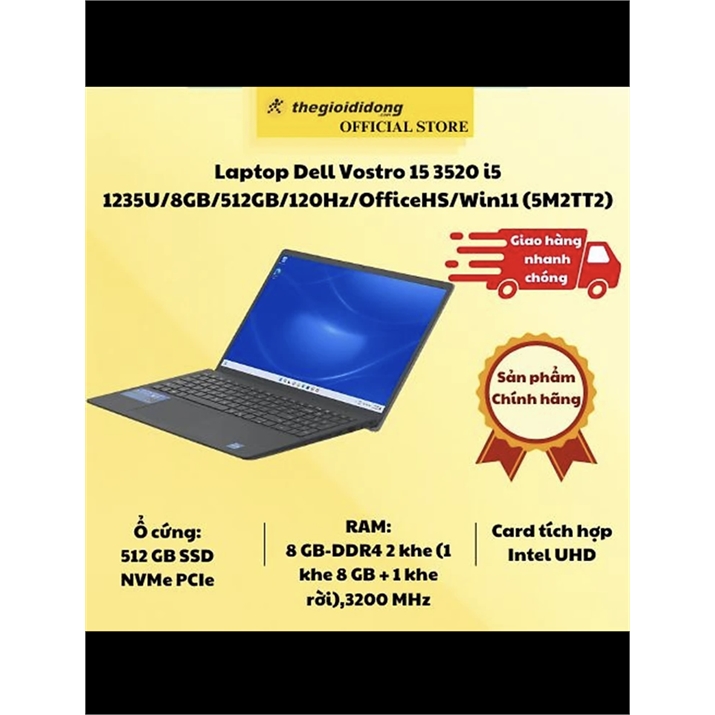 Laptop Dell Vostro 15 3520 i5 1235U/8GB/512GB/120Hz/OfficeHS/Win11 (5M2TT2) - Hàng Chính Hãng. 1